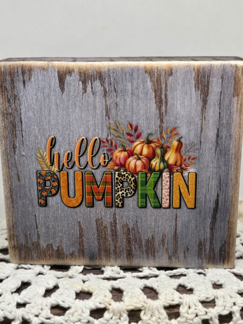 Handcrafted Decor, Mini Wood Sign, "Hello Pumpkin" Floral/Plaid Fall Home Decor